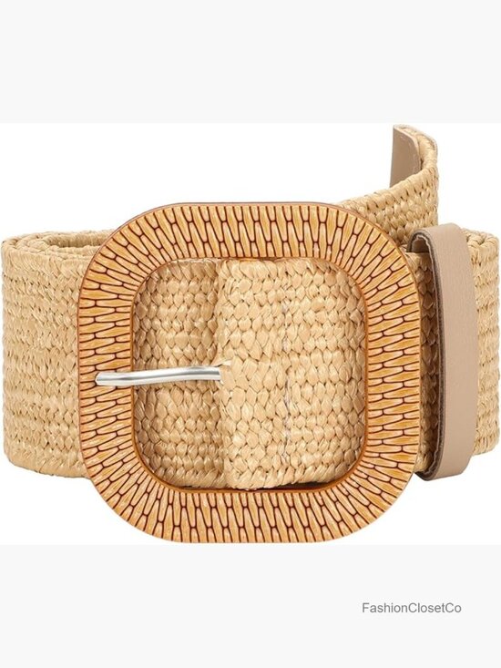 Accessories - Straw Woven Stretchy Belt for Women Dresses, Wide Boho Elastic Belts